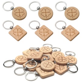 Ockyunoo Pack of 24 Wooden Key Fob Round Clover Lucky Charm Wooden Pendant Square Key Ring Wood with Clover Leaf for Decorative Key Rings, khaki
