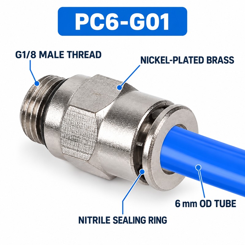5-Pack PC-G Nickel-Plated Brass Pneumatic Push-to-Connect Fittings, 4–12 mm Tube,