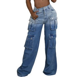LKOUS Women’s Y2K High Waist Baggy Denim Jeans Streetwear Cargo Straight Fit Wide Leg Pants with Multiple Pockets Blue