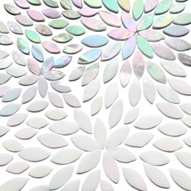 KALUCION 120 Pcs Iridescent White Petal Mosaic Tiles, Hand Cut Stained Glass Petals, Floral Mosaic Tiles, Tiffany Glass Flower Petals Supplies Kit for Mosaics and Crafts, Mixed Sizes