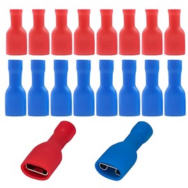KEWUF Pack of 100 Quick Coupling Sockets Vinyl Fully Insulated, Flat Receptacles 6.3 x 0.8 mm Cable Lug, Red for 0.5-1.5 mm² (22-16 AWG), Blue for 1.5-2.5 mm² (16-14 AWG)