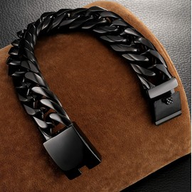 ROWIN&CO Heavy Mens 25mm Wide Stainless Steel Curb Cuban Link Bracelet, Hip Hop Urban Streetwear Jewelry, 9" Wrist Chain, Available in Rainbow/Blue/Rose Gold/Black. (black)