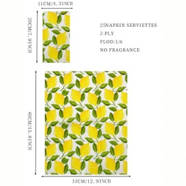 WRAPAHOLIC 25Pcs Lemon Napkins - 2-Ply Disposable Paper Guest Napkin for Wedding, Bridal Shower, Tea Party, Garden Party, Birthday Party - 4.3 x 7.9 In