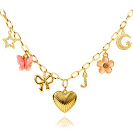 HOLINSE Initial Charm Necklace for Women, Heart Letter Necklace Gold Charms Pendant Bow Pink Butterfly Flower Star Moon Charms Necklaces Choker Necklace for Gifts (J)