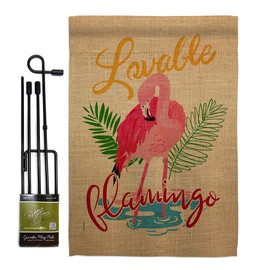 Breeze Decor Tropical Lovable Flamingo Garden Flag Set with Stand Coastal Ocean Beach Seashells Pineapple Outdoor Summer Aloha Small Decorative Gift Yard House Banner Made in USA 13 X 18.5