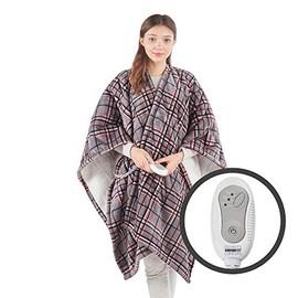 Degrees of Comfort Soft Sherpa Heated Shawl Wraps for Women, Adults Electric Poncho Blanket Throw 50 X 64 - Grey Plaid | 3 Therapeutic Heating Levels - 2hr Auto Shut Off | Lightweight | Washable