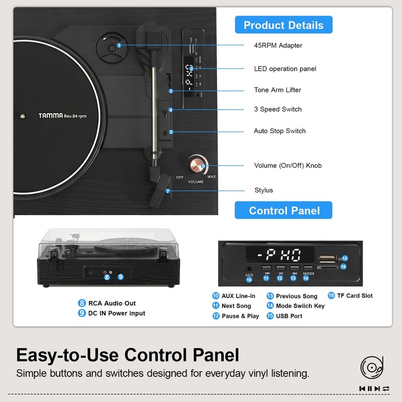 Bluetooth Turntable Vinyl Record Player, 3-Speed Record Player with Built-in