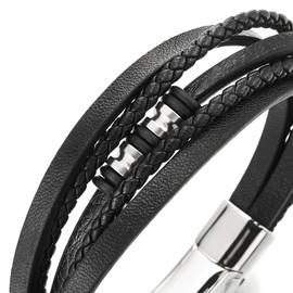 COOLSTEELANDBEYOND Mens Women Multi-Strand Black Braided Leather Bracelet Bangle with Steel Silver Bead Charms