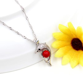 Gold & Platinum Plated Cubic Zirconia Pave Dolphin Playing Pearl Ball Pendant Necklace Y1076, Brass, Cubic Zirconia