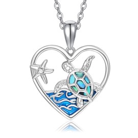 OHAYOO Sea Turtle Necklace 925 Sterling Silver Heart Shaped Beach Pendant Ocean Animal Jewelry Gift for Women and Summer Lovers