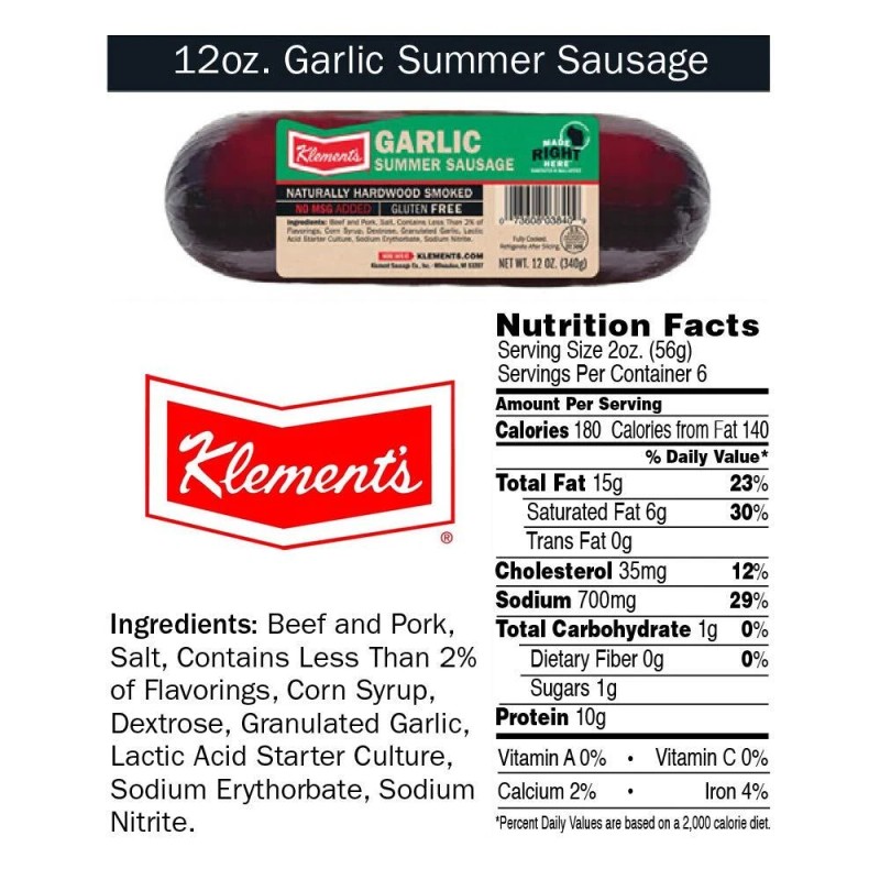 Klement's Garlic Summer Sausage, 12 Ounce