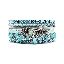 KunBead Blue Multilayer Leather Wrap Bracelet for Women Sparkling Colorful Feather Charm Braided Wristbands Bracelets