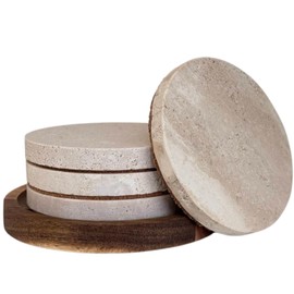 4" Round Natural Travertine Marble Coasters with Cork Backing,Stone Drink Coasters Set of 4,Wedding,Housewarming Gift,Travertine Coaster for Protect Tables from Scratches & Stains(With Coaster Holder)