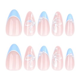 24 PCS 3D Blue Flower Press-On Nails with Jelly Gel - Almond False Nails Kit, Blue White French Lace False Nails With 3D Pearl Designs