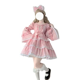 Cuteighteen Sweet Lolita Dress Teens Kawaii Puff Sleeve Lace Tiered Ruffle Princess Japanese Anime Cosplay Party Dresses (Pink)