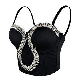 ELLACCI Women's Padded Cups Snake Diamond Detail Club Party Corset Bra with Detachable Straps Black Large