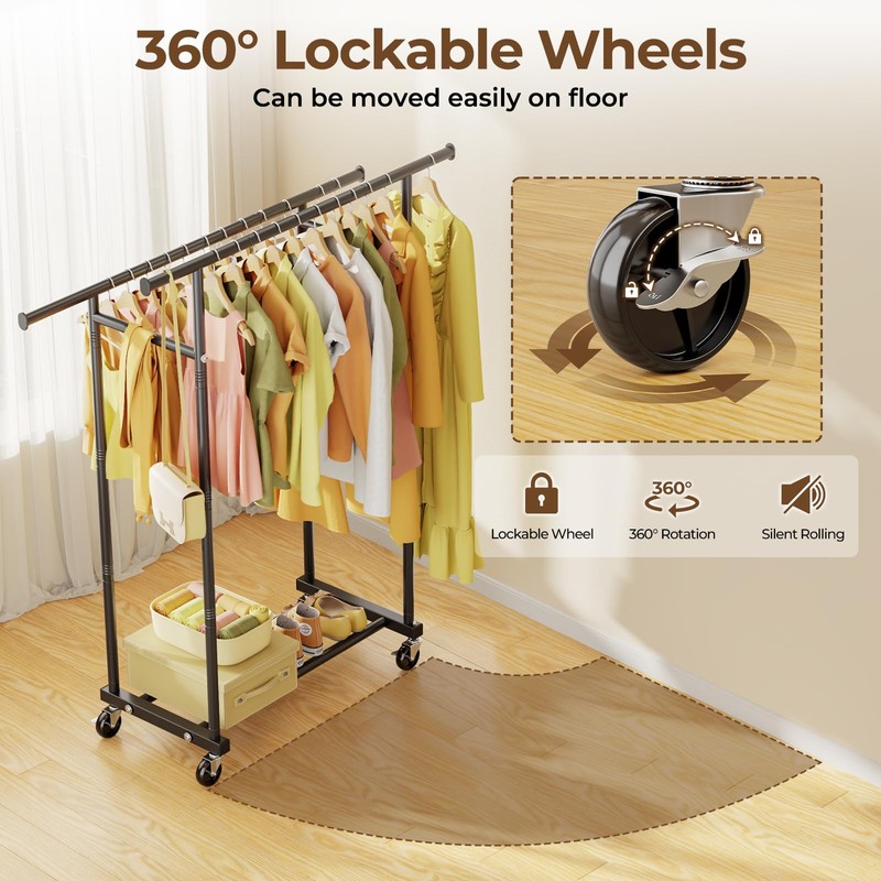HYSEYY Double Rods Clothes Rack, Rolling Clothing Rack for Hanging