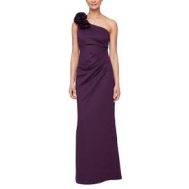 S.L. Fashions Women's Long Length Scuba One Shoulder Gown W/Flower Detail, Wedding Guest Dress, (Petite and Regular Sizes), Plum