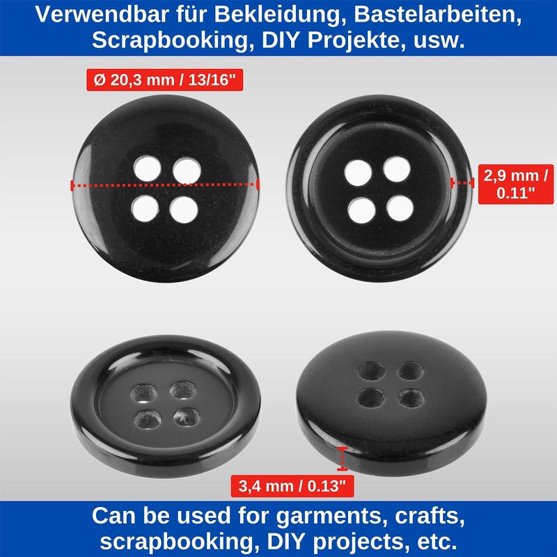 24 Pieces 4 Hole Diameter 20.3mm Black Polyester Buttons Size
