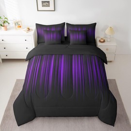 Feelyou Purple and Black Bed in a Bag Queen Size Boys Girls, Abstract Ombre 7 PCS Comforter Set & Sheets Gradient Purple Lines 7 PCS Bed in a Bag Set Purple Black Gradient Comforter Set & Sheets