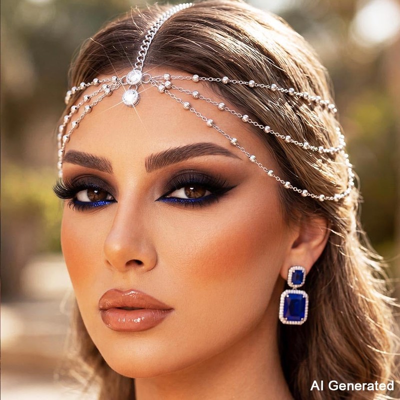 GORTIN Rhinestones Head Chain Headpiece Silver Bride Wedding Forehead Hair
