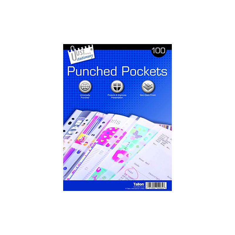 Just stationery Plastic Punched Pocket - Clear (Pack of 100),