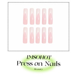 IMSOHOT Curved Press on Nails Long Square Fake Nails White French Tips False Nails with Glitter Designs Full Cover Glossy Glue on Nails Acrylic Artificial Extra Long Pink Nail Supplies 24Pcs