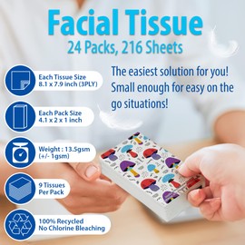 Travel Tissue Packs – 24 Compact 3-Ply Packs (216 Total), Soft Chlorine-Free Facial Tissues for Purse, Car, or School, Gentle & Durable, Non-Bleach, Whimsical Mushroom Design