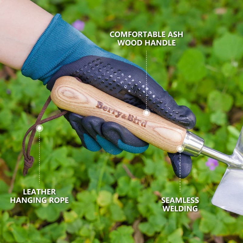 Berry&Bird Garden Serrated Planting Trowel, Multifunctional Shovel with ash Wood