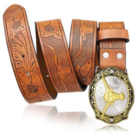 Aswitnove Mens Western Leather Buckle Belts, Cowboy Long Horn Bull Belt Buckles Strap Vintage Rodeo Large Buckle Brown Belts, 38mm Wide L
