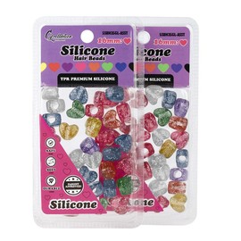 2 Pack Heart Shaped Silicone Hair Beads – 70 PCS 16mm, Premium Soft Rubber, Noiseless, Painless, Light for Women Girls Stylish Braiding:_Glitter Assorted