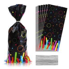 Neon Cellophane Treat Bags Plastic Colorful Candy Goodie Bag with Twist Ties for Birthday Party Decoration Gift Wrap (200/black)
