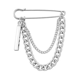 Punk Silver Chain Brooch Pins for Men Women Layered Cuban Chain Brooches and Pins for Clothing Suit Dainty Safety Pin Brooch with Chains Bar Brooches with Charm Lapel Pins Mens Unique Decorative Pins