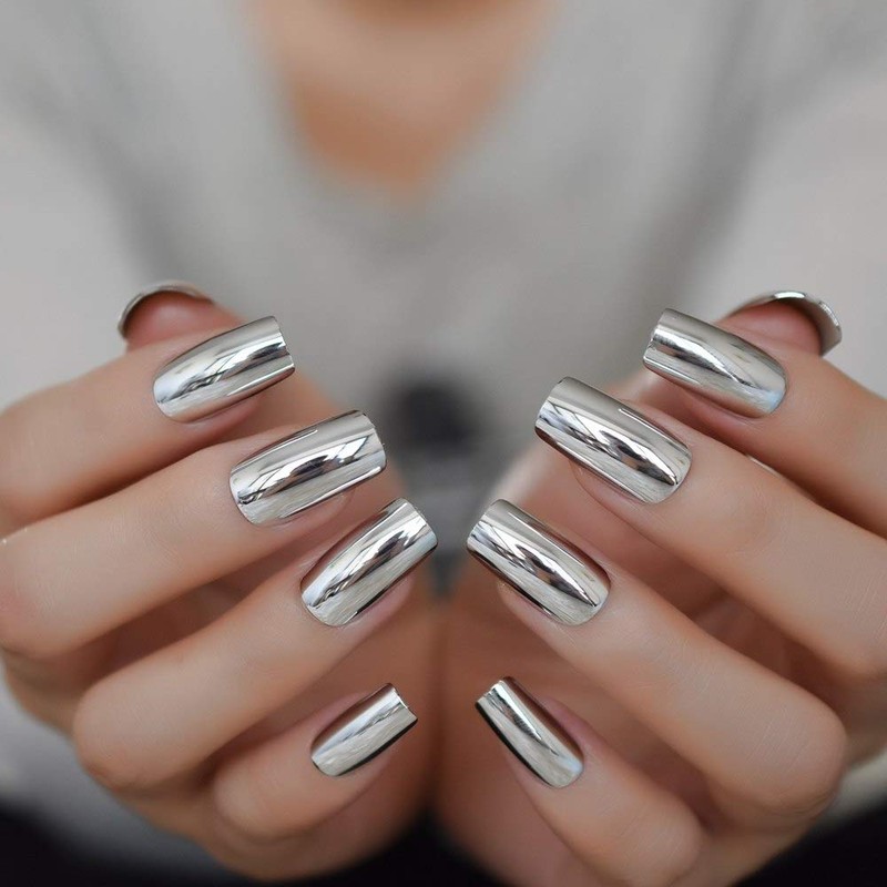 CoolNail Shiny Silver Metallic Long False Nail Tips Punk Metal