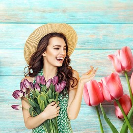 Vie Savaran 7x5ft Pink Tulip Floral Backdrop, Spring Flowers Blomming on Blue Wooden Plank Photography Background for Engagement Wedding Bridal Shower Birthday Proposal Portraits Home Wall Decoration