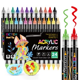 Betem Acrylic Paint Markers Paint Pens, 24 Colors Dual Tip Direct Liquid Acrylic Markers with Automatic Ink Control System, Fine & Brush Tip Art Supplies for Rocks, Wood, Stone, Fabrics, DIY Craft