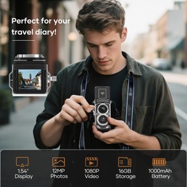Mini Vintage Digital Camera, Portable Retro Twin-Lens Reflex Style Digital Camera with 16GB Card, 12MP Photos, Autofocus, 1080P FHD Video, 1000mAh Battery and Dual Filters, Perfect for Boys & Girls