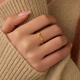 LOVPEPY Vintage Gold Twig Ring for Mother, 925 Sterling Silver CZ Leaves Branch Hollow Stacking Ring to Daughter,18K Gold Plated Rings to Daughter Mother's Day Graduation Friendship Jewelry Gift (Gold, 10)