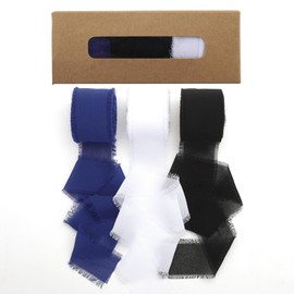 BZVlemon Chiffon Ribbon,Frayed Ribbon 1-1/2 inch x 10 Yard 3 Rolls Soft Ribbons for Wedding Invitations,Bridal Flower Bouquet,Gift Wrapping,Decorations,White/Black/Dark Blue