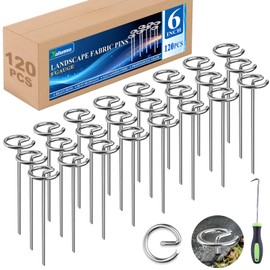 Yalumo Landscape Fabric Pins 120 Pcs, Thickened 8 Gauge Galvanized Landscape Staples with Pick Hook, 6 Inch G-Shaped Circle Top Garden Stakes for Weed Barrier, Tarps, Inflatables, Outdoor Decorations
