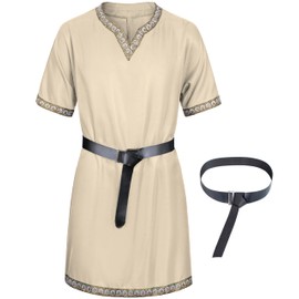 Mens Medieval Costume Viking Pirate Tunic Knight Warrior Renaissance Shirts with Belt Wine Beige L