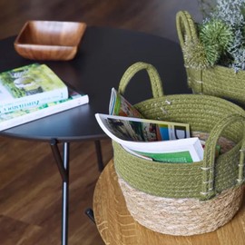 Set of 2 Storage Baskets with Side Handles - Stackable Storage Baskets for Magazines and Games for Living Room and Bedroom, Made of Cotton and Seaweed, 18 x 25 cm and 20 x 30 cm