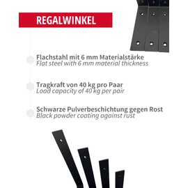 Gedotec WOLF Steel Shelf Bracket, Black, 1 Piece Shelf Bracket Made of Robust Flat Steel, Load Capacity 40 kg, Dimensions: 260 x 159 x 40 x 6 mm, Material Thickness 6 mm, Shelf Bracket, Black Powder