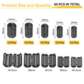 QUARKZMAN 60pcs 5 Sizes Clip-on Ferrite Ring Core, Ferrite Beads EMI RFI Noise Cable Clip for 3.5mm/5mm/7mm/9mm/13mm Diameter Cable, Black