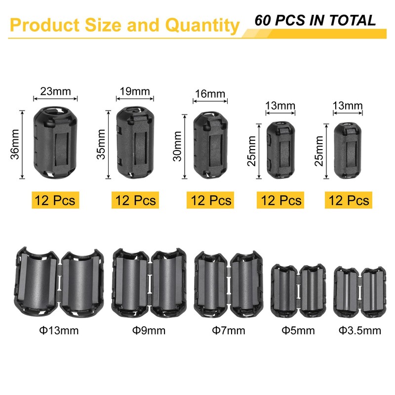 QUARKZMAN 60pcs 5 Sizes Clip-on Ferrite Ring Core, Ferrite Beads