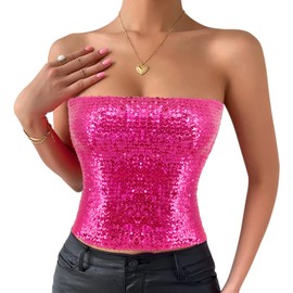 Naimo Women's Glitter Sequin Crop Top Sleeveless Off Shoulder Top Sexy Strapless Tube Top Bandeau Bustier Rave Top, rose