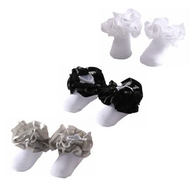 3 Pairs 3D Three-dimensional Ruffled Lace Cotton Socks,Cute Double Big Lace Dress Princess Socks for Girls (3Pairs-Black/White/Grey, 6-8 Years)