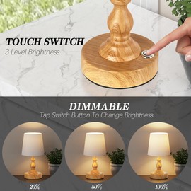 PARTPHONER Mini Cordless LED Table Lamp, 5200mAh Rechargeable Battery Operated Lamp, 3-Level Brightness, Touch Dimmable Desk Lamp, Bedside Night Light for Patio Camping Restaurant Home, Wood Grain