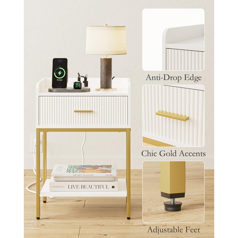 Apetaccat Nightstand with Charging Station, 3-Tier Bed Side Table, Small
