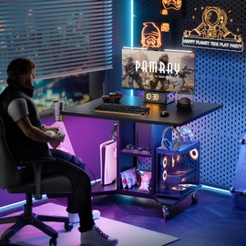 Pamray Small Rolling Gaming Desk with Led Lights Power Outlets and Storage Pegboard, Small Spaces Compact PC Computer Table Balck